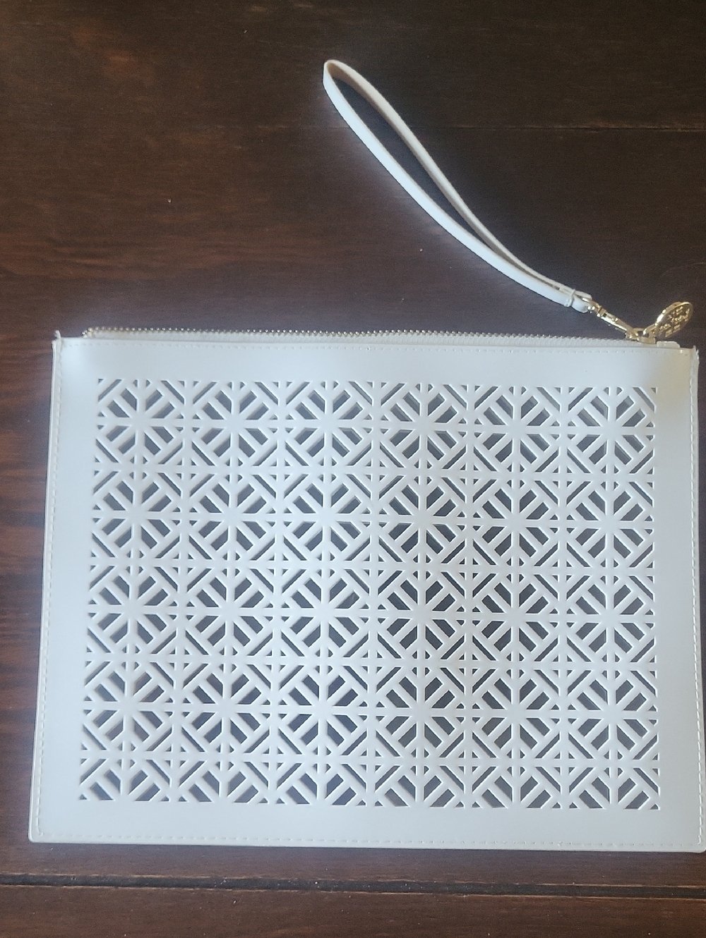 Tory Burch White Laser-Cut Wristlet Clutch